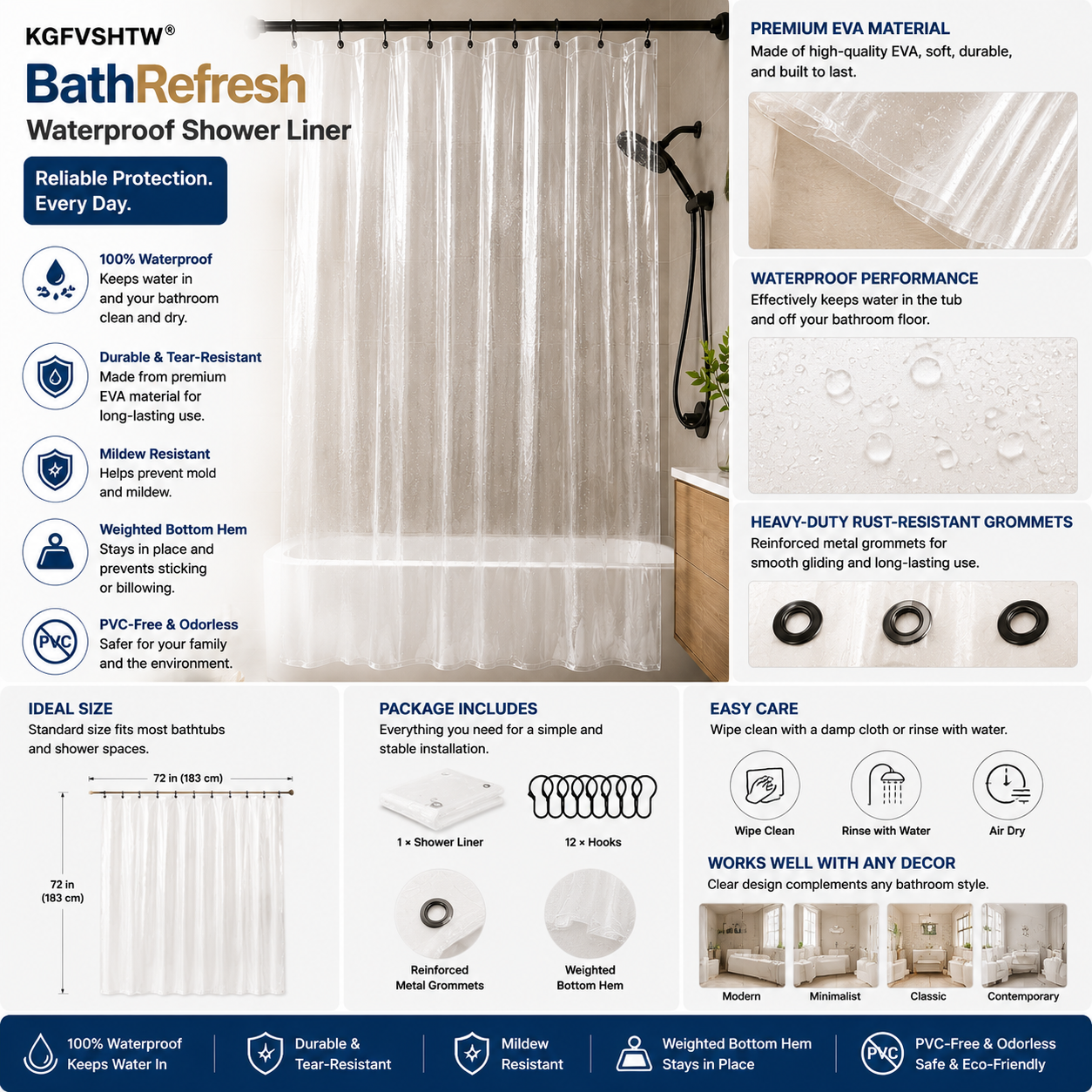 KGFVSHTW® BathRefresh Waterproof Shower Liner