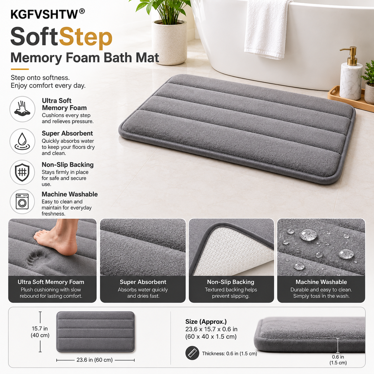 KGFVSHTW® SoftStep Memory Foam Bath Mat