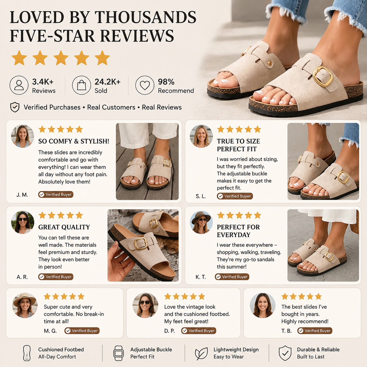 Vintage Buckle Slides for Women & Men – Suede-Look Adjustable Strap Sandals, Comfortable Everyday Walking Shoes with Cushioned Footbed