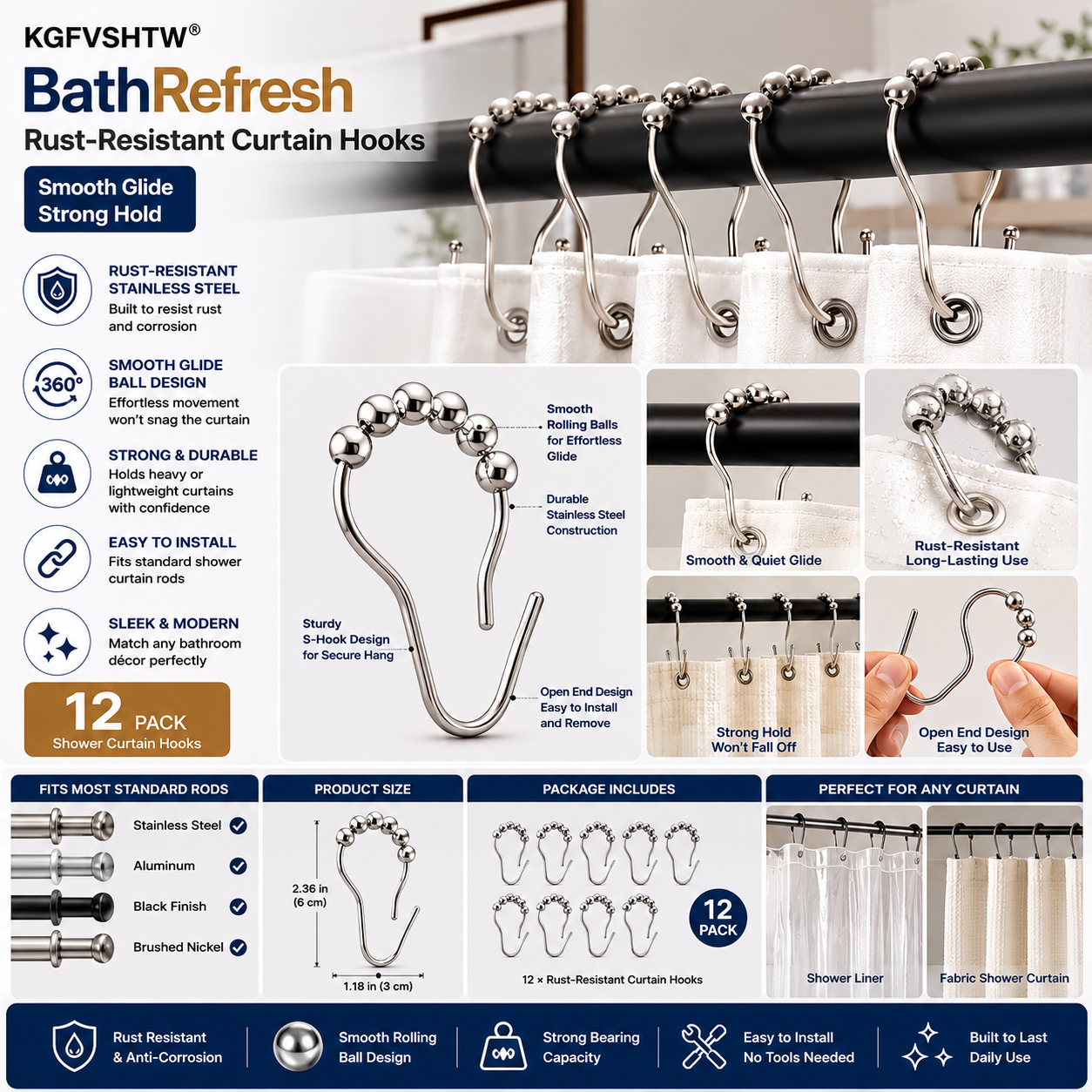 KGFVSHTW® BathRefresh Rust-Resistant Curtain Hooks