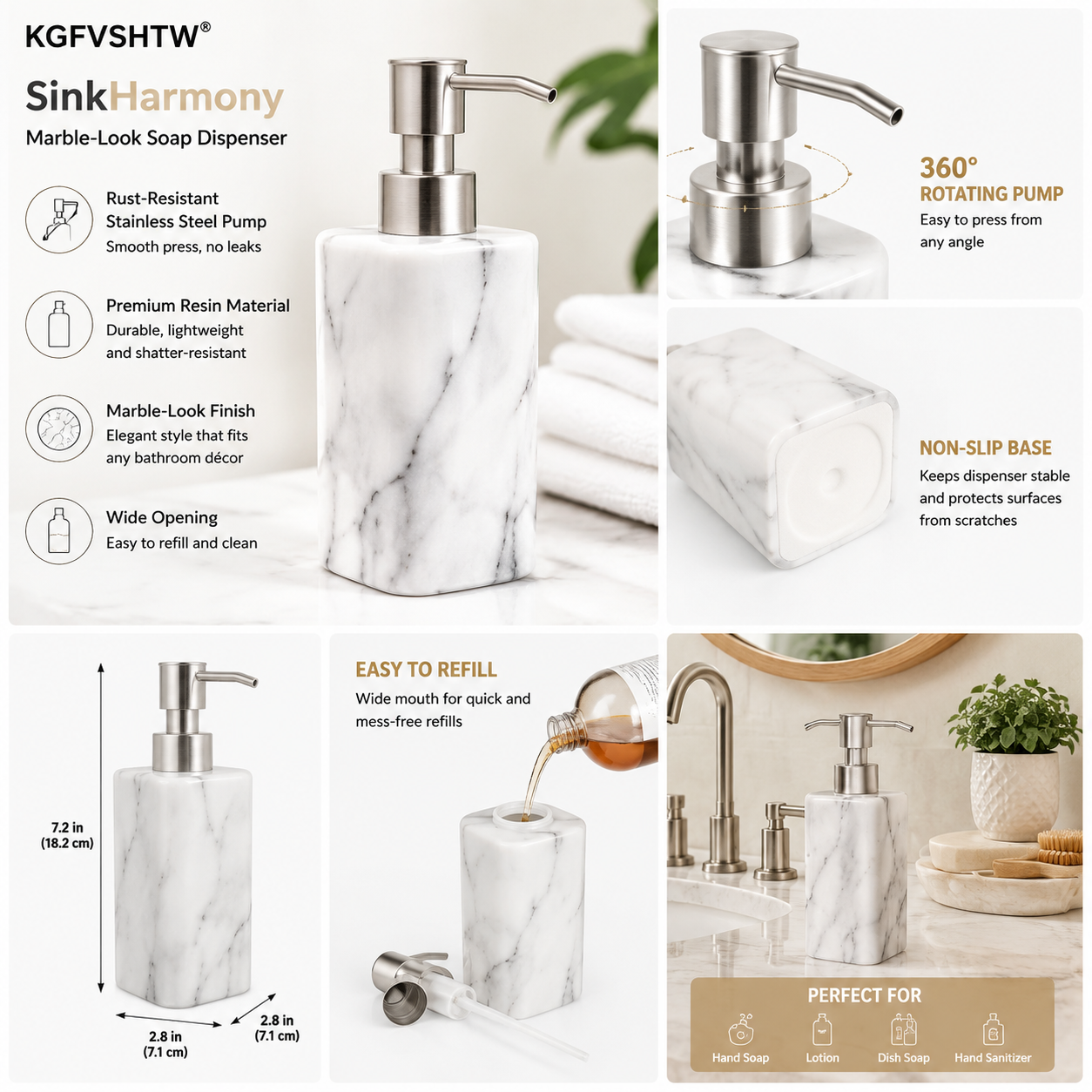 KGFVSHTW® SinkHarmony Marble-Look Soap Dispenser
