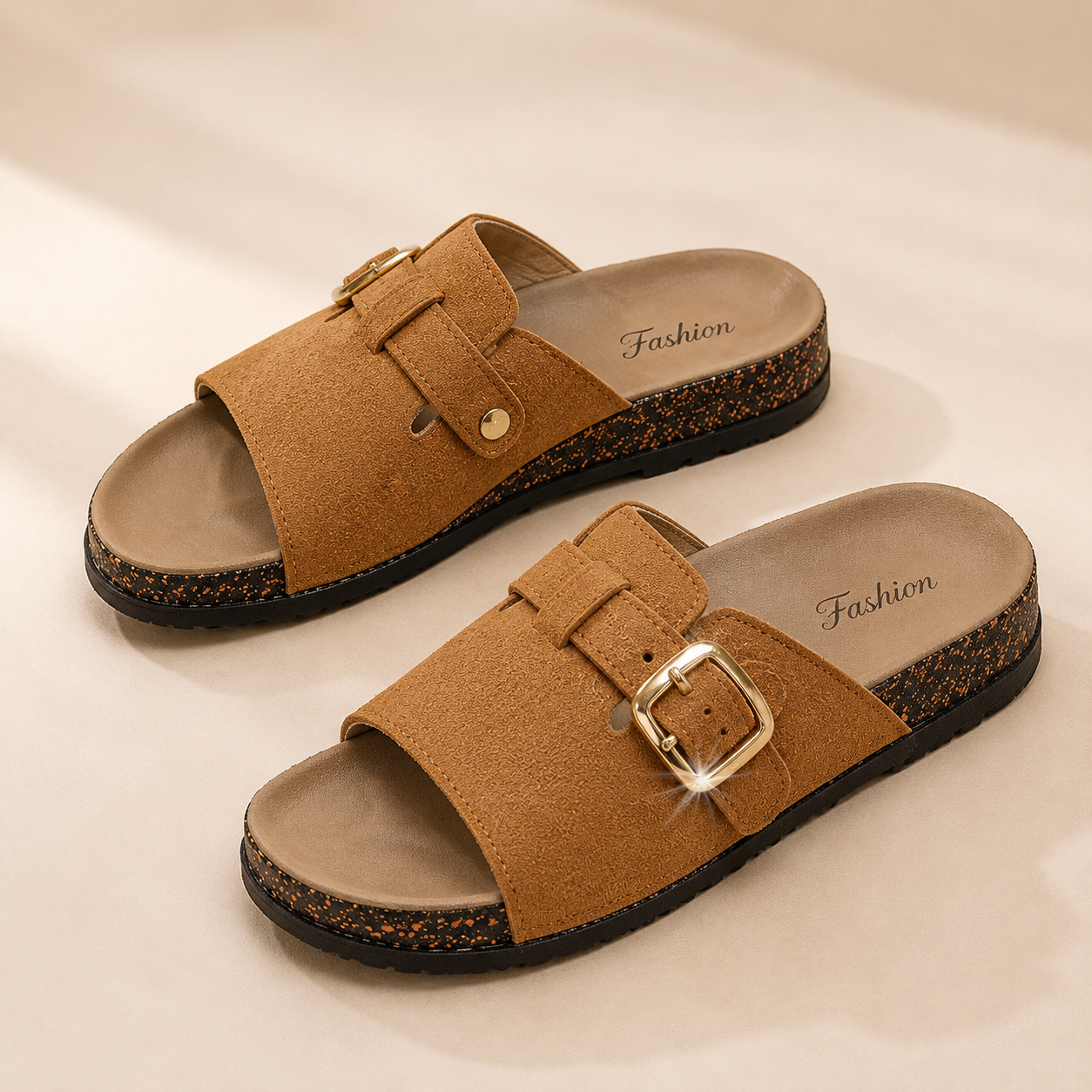 Vintage Buckle Slides for Women & Men – Suede-Look Adjustable Strap Sandals, Comfortable Everyday Walking Shoes with Cushioned Footbed