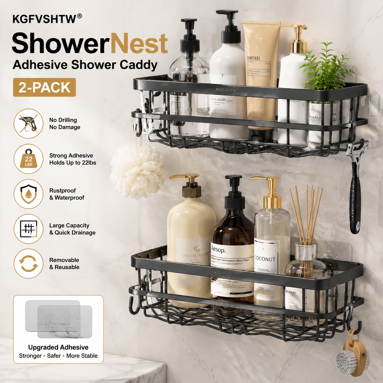 KGFVSHTW® ShowerNest Adhesive Shower Caddy 2-Pack
