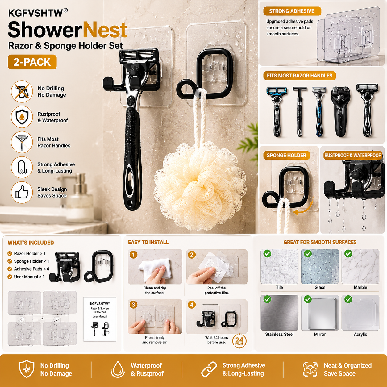 KGFVSHTW® ShowerNest Razor & Sponge Holder Set