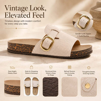 Vintage Buckle Slides for Women & Men – Suede-Look Adjustable Strap Sandals, Comfortable Everyday Walking Shoes with Cushioned Footbed