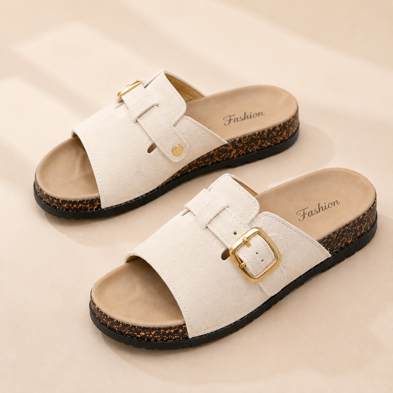 Vintage Buckle Slides for Women & Men – Suede-Look Adjustable Strap Sandals, Comfortable Everyday Walking Shoes with Cushioned Footbed