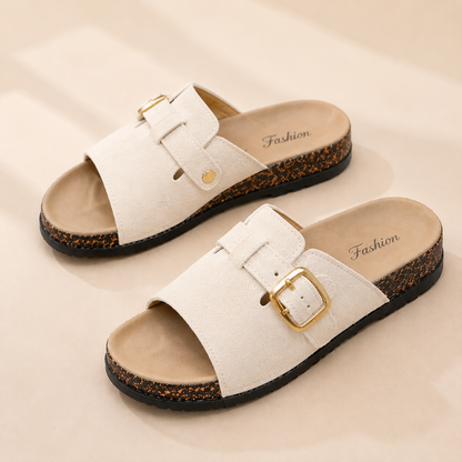 Vintage Buckle Slides for Women & Men – Suede-Look Adjustable Strap Sandals, Comfortable Everyday Walking Shoes with Cushioned Footbed
